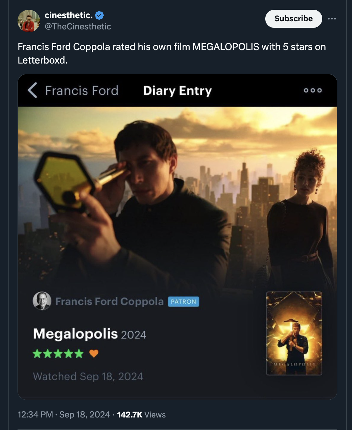 francis ford coppola megalopolis - cinesthetic. Subscribe Francis Ford Coppola rated his own film Megalopolis with 5 stars on Letterboxd. Francis Ford Diary Entry Francis Ford Coppola Patron Megalopolis 2024 Watched Views